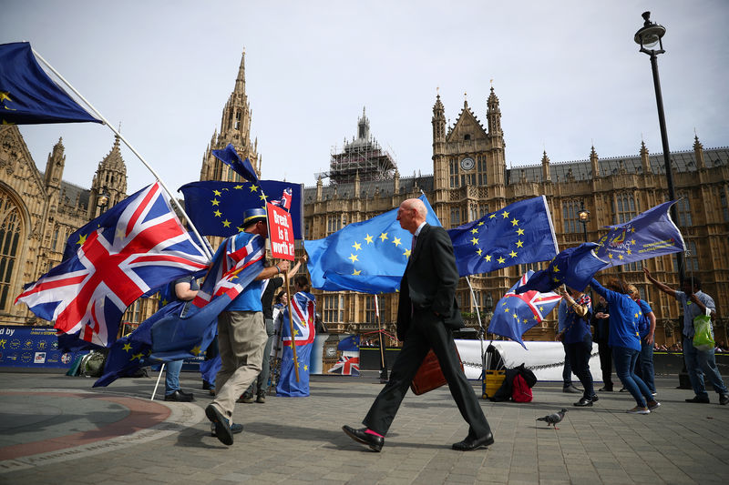 © Reuters. Anti-Brexit demonstrators wave flags outside the Houses of Parliament, in London