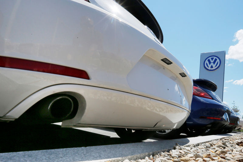 © Reuters. New Volkswagen vehicles are parked with their exhaust pipes facing the street at a dealership in Medford