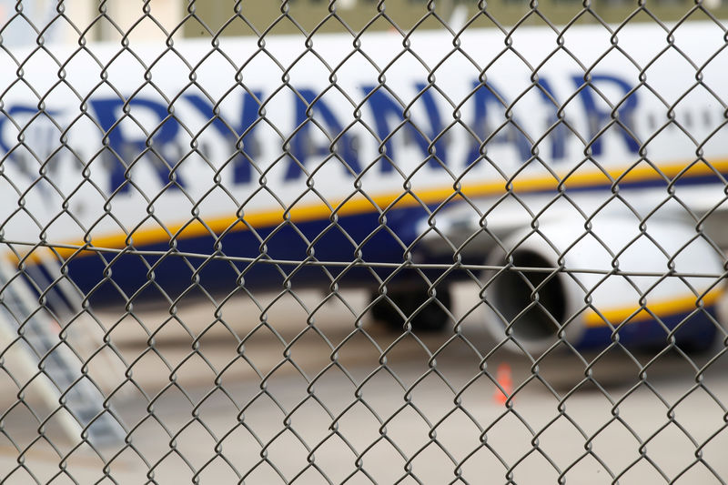 © Reuters. FILE PHOTO: Ryanair airplane is parked behind a fence at the tarmac of Weeze Airport