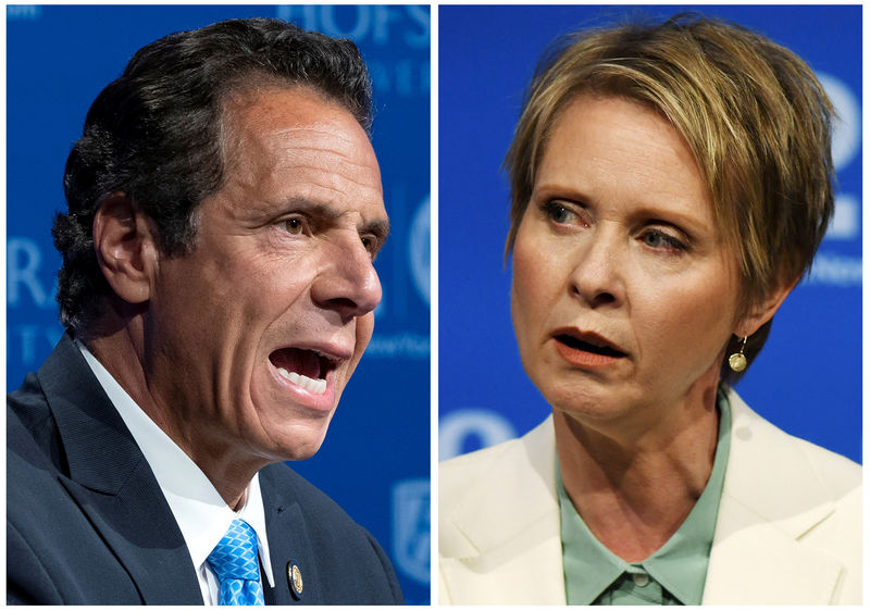 © Reuters. Governador Andrew Cuomo e atriz e ativista Cynthia Nixon, em combinação de fotos