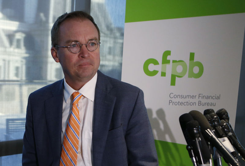 © Reuters. 0MB Director Mulvaney speaks to the media at the U.S. Consumer Financial Protection Bureau in Washington