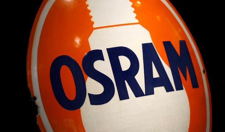 © Reuters. Logo of lamp manufacturer Osram is pictured during opening of 'World of light' showroom in Munich