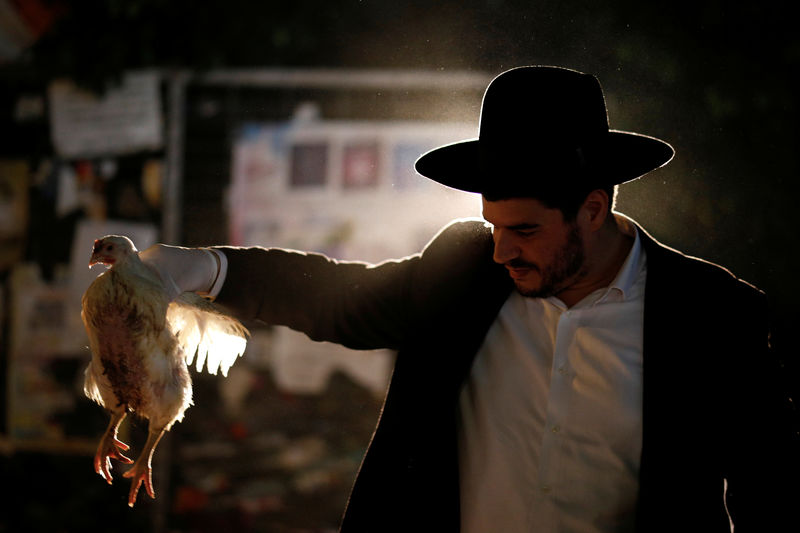 © Reuters. بالدجاج والمياه يتخلص اليهود المتشددون من ذنوبهم استعدادا ليوم الغفران