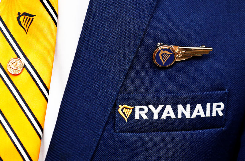 © Reuters. Ryanair logo is pictured ahead of a news conference by Ryanair union representatives in Brussels