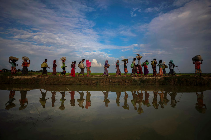 © Reuters. FILE PHOTO: Rohingya refugees are reflected in rain water along an embankment next to paddy fields after fleeing from Myanmar into Palang Khali, near Cox's Bazar