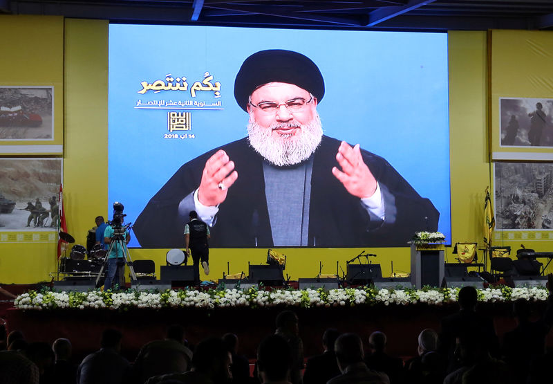 © Reuters. Lebanon's Hezbollah leader Sayyed Hassan Nasrallah gestures as he addresses his supporters via a screen in Beirut