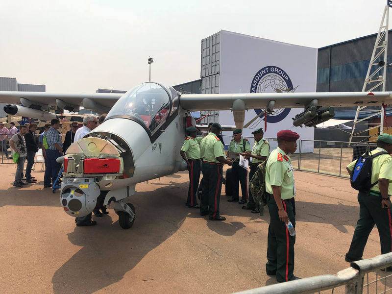 © Reuters. Paramount Group military aircraft are seen on display at the Africa Aerospace and Defence expo at the Waterkloof Air Force Base near Pretoria