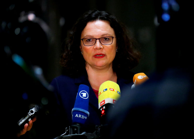 © Reuters. Andrea Nahles, leader of Social Democratic Party (SPD), addresses the media in Berlin