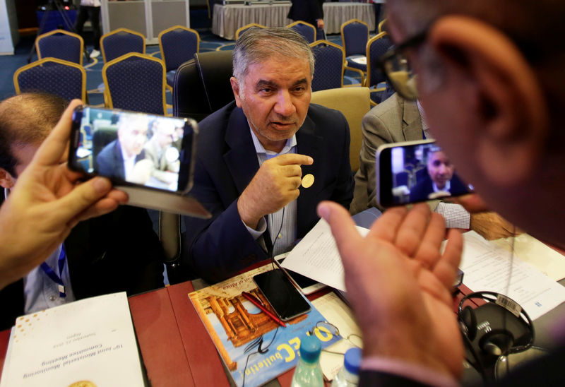 © Reuters. Глава иранской делегации в ОПЕК Хуссейн Каземпур Ардебили беседует с журналистами в Алжире