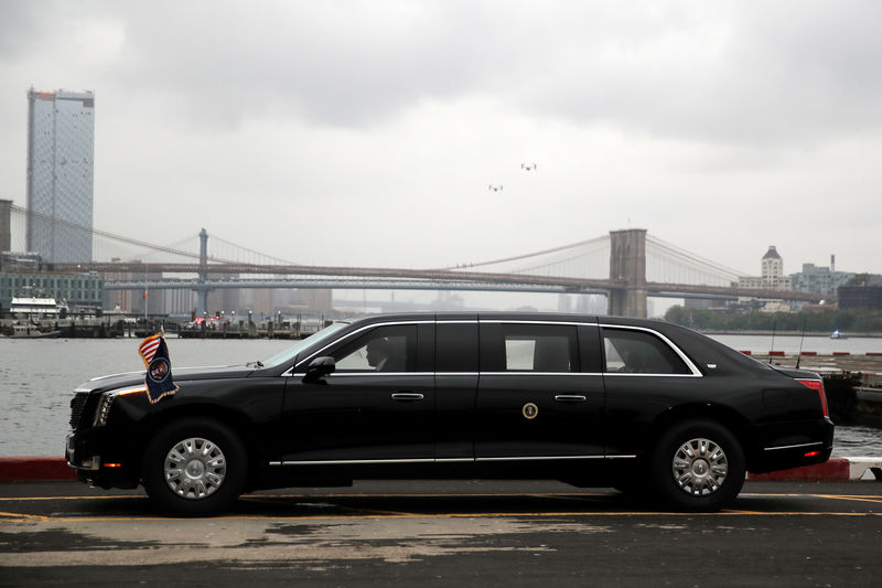 © Reuters. FILE PHOTO: U.S. President Donald Trump's new Cadillac limousine nicknamed "The Beast" awaits its debut drive in New York City