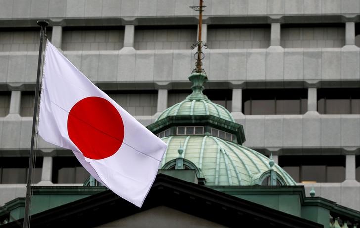 © Reuters. FILE PHOTO: A Japanese flag flutters atop the Bank of Japan building in Tokyo