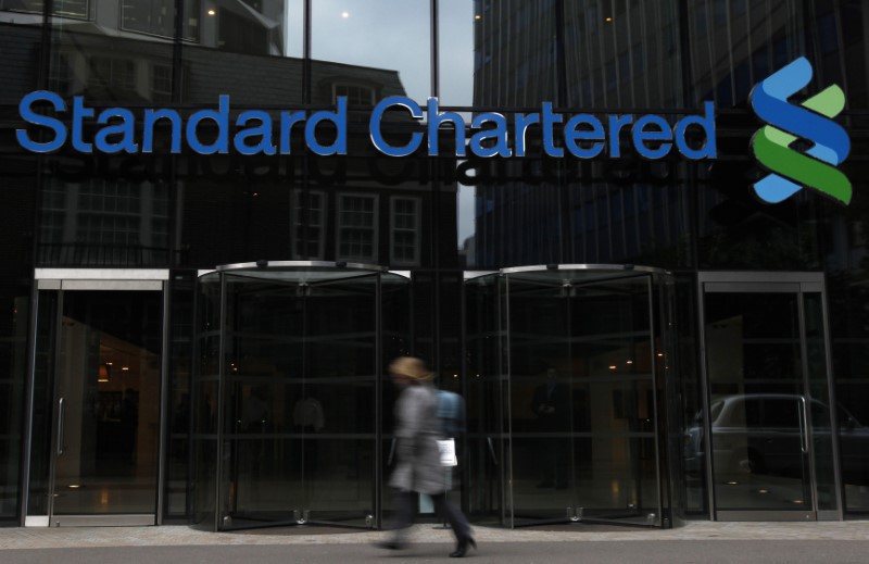 © Reuters. A woman walks past a Standard Chartered bank in London