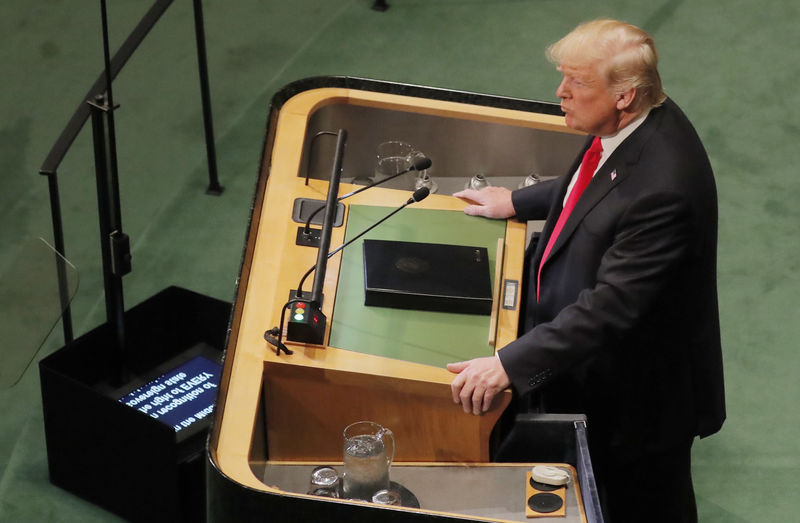 © Reuters. U.S. President Trump addresses the United Nations General Assembly in New York