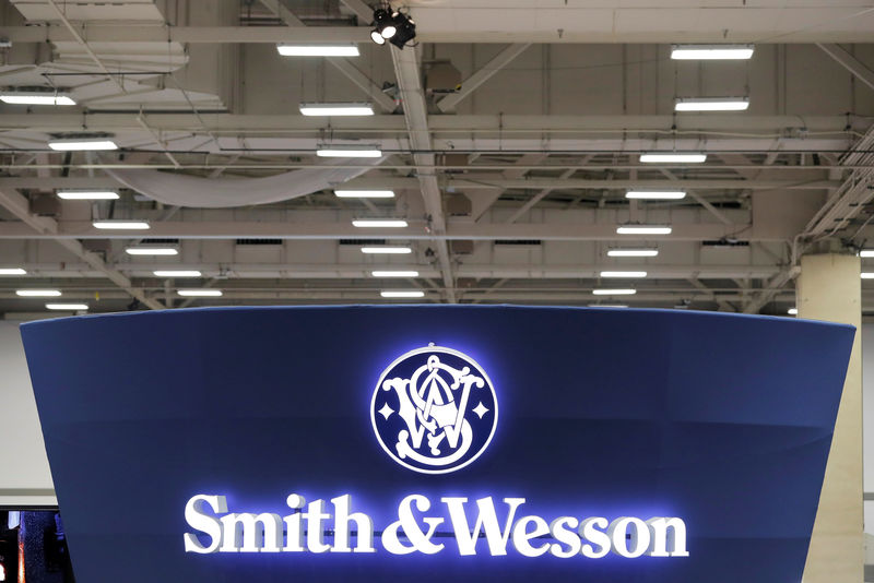 © Reuters. FILE PHOTO: A Smith & Wesson logo is displayed during the annual National Rifle Association (NRA) convention in Dallas Texas