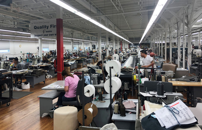 © Reuters. The sewing lines at Bernhard Furniture Company which where skilled craft jobs are growing without the help of tariffs, and company officials say they are pressed to fill open positions is shown in Lenoir, North Carolina