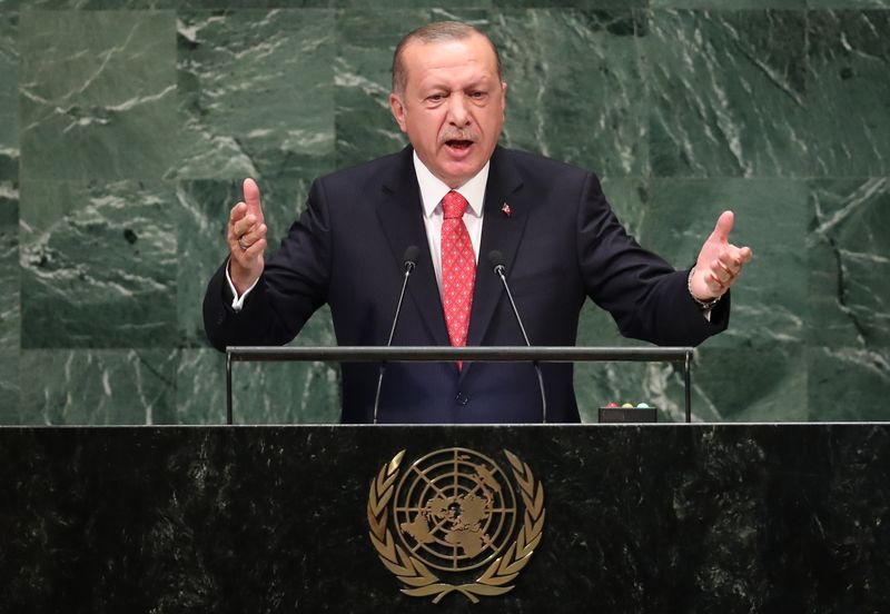 © Reuters. Turkey's President Recep Tayyip Erdogan addresses the United Nations General Assembly in New York