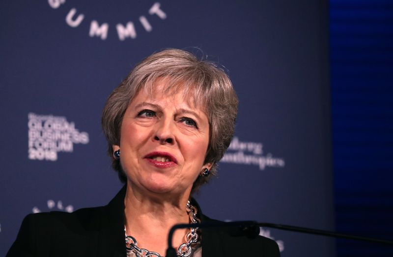 © Reuters. Britain's Prime Minister Theresa May speaks at the Bloomberg Global Business Forum in New York