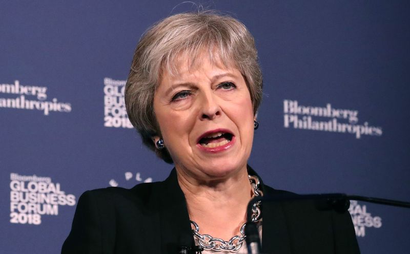 © Reuters. Britain's Prime Minister Theresa May speaks at the Bloomberg Global Business Forum in New York