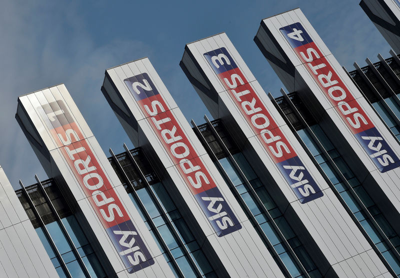 © Reuters. FILE PHOTO: Sky Sports logos at company's London headquarters