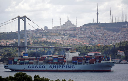 © Reuters. The Cosco Shipping Danube, a container ship of the China Ocean Shipping Company (COSCO), sails in the Bosphorus, on its way to the Mediterranean Sea, in Istanbul