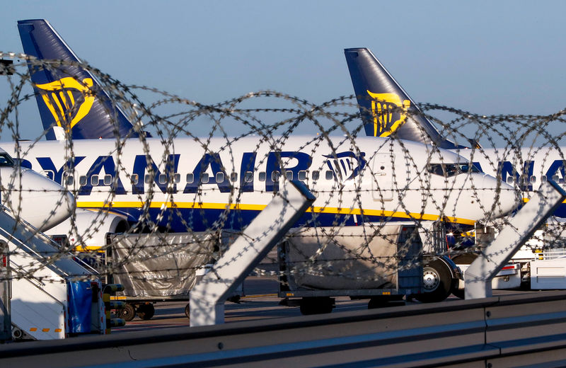 © Reuters. FILE PHOTO: Ryanair aircraft are parked on the tarmac during a wider European strike at the airline at Brussels South Charleroi Airport
