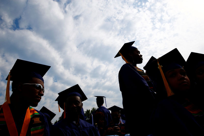 © Reuters. Graduates are seen before actor Chadwick Boseman addresses the 150th commencement ceremony at Howard University in Washington