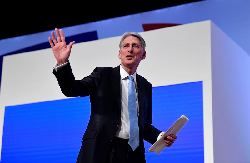 © Reuters. FILE PHOTO: Britain's Chancellor of the Exchequer Philip Hammond waves after speaking at the Conservative Party Conference in Birmingham