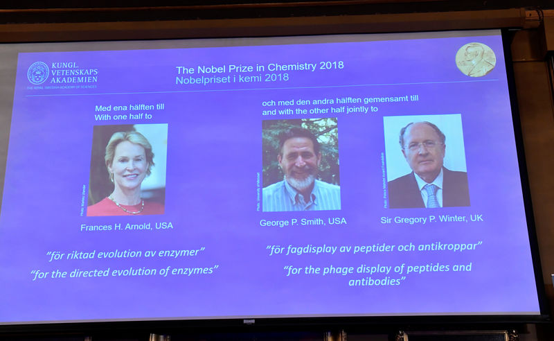© Reuters. فوز أمريكيين وبريطاني بجائزة نوبل للكيمياء