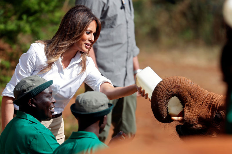 © Reuters. U.S. first lady Melania Trump feeds a baby elephant a bottle of milk at the David Sheldrick Wildlife Trust elephant orphanage in Nairobi