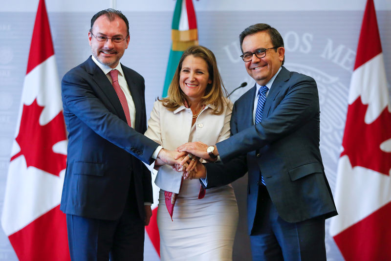 © Reuters. FILE PHOTO: Mexico's Foreign Minister Luis Videgaray, Canada's Foreign Minister Chrystia Freeland and Mexico's Economy Minister Ildefonso Guajardo pose for a picture after delivering a joint message in Mexico City