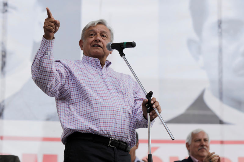 © Reuters. Mexico's President-elect Andres Manuel Lopez Obrador delivers speech in a rally as part of a tour to thank supporters for his victory in the July 1 election, in Morelia