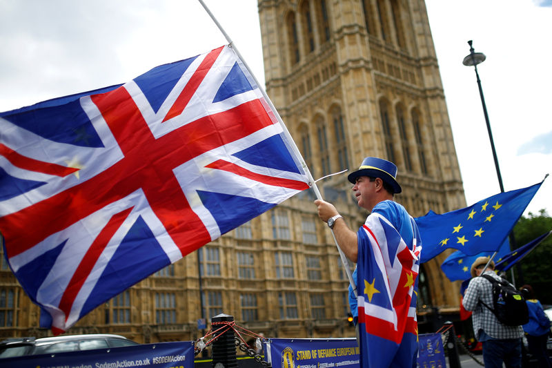© Reuters. FILE PHOTO: Anti-Brexit demonstrators wave EU and Union flags opposite the Houses of Parliament, in London