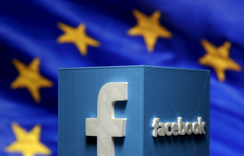 © Reuters. Picture illustration of 3D-printed Facebook logo in front of EU logo