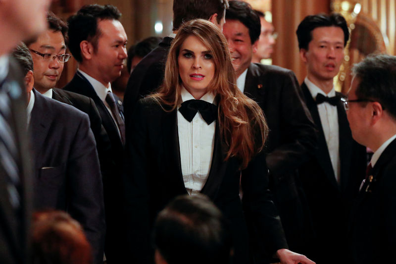 © Reuters. FILE PHOTO: White House Communications Director Hope Hicks attends an official dinner thrown by Japan's Prime Minister Shinzo Abe in honor of U.S. President Donald Trump at Akasaka Palace in Tokyo