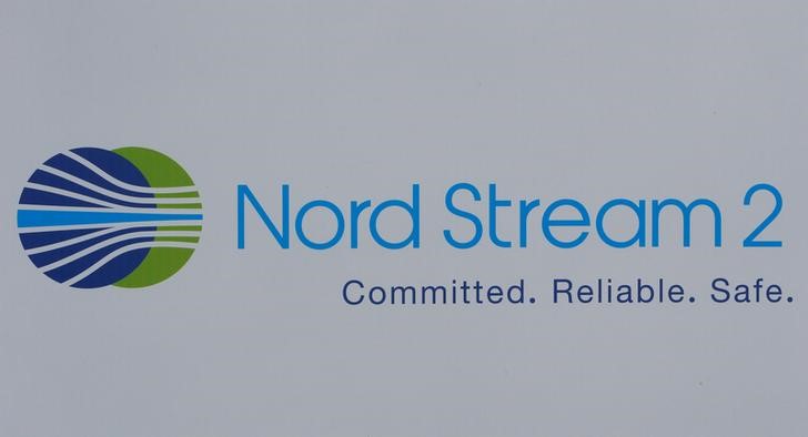 © Reuters. FILE PHOTO: The logo of the Nord Stream-2 gas pipeline project is seen on a board at the SPIEF 2017 in St. Petersburg