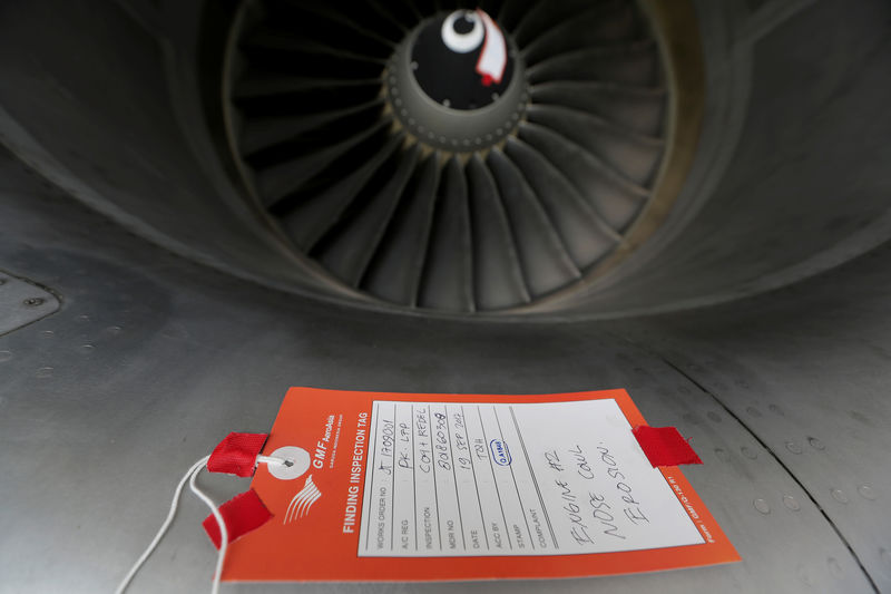 © Reuters. A tag as seen on the engine of airplane at the Garuda Maintenance Facility AeroAsia in Tangerang