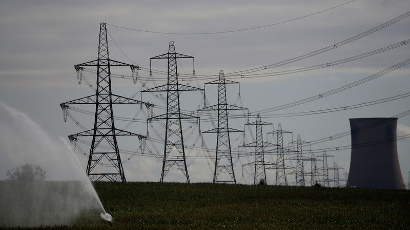 © Reuters. Electricity pylons and a cooling tower from Eggborough power station are seen above a farmers' field in Kellingley