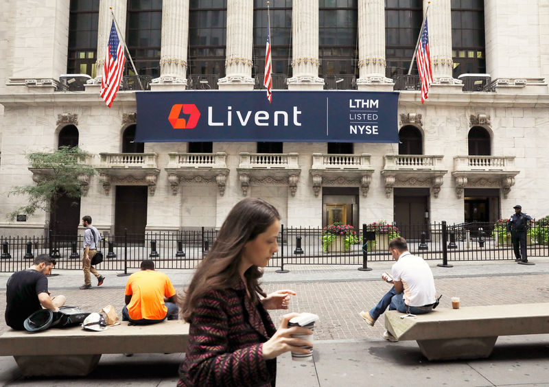 © Reuters. A Livent Corp sign hangs on the New York Stock Exchange (NYSE) in Manhattan as lithium producer Livent Corp holds its IPO in New York