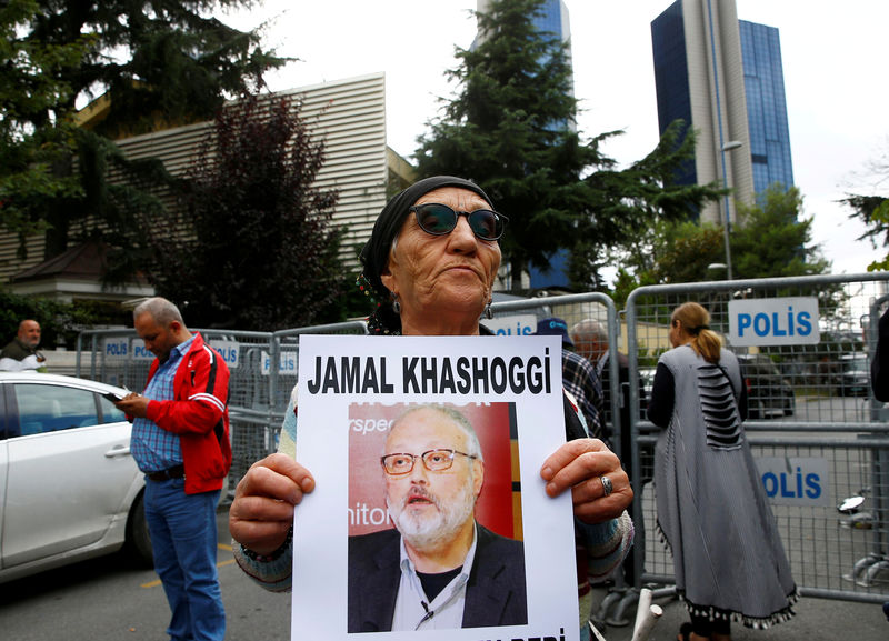 © Reuters. FILE PHOTO: A human rights activist holds picture of Saudi journalist Jamal Khashoggi during a protest outside the Saudi Consulate in Istanbul