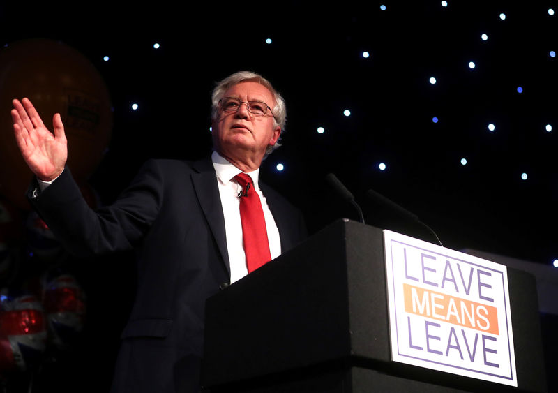 © Reuters. Pro-Brexit supporter and ex-Secretary of State for Exiting the European Union, David Davis addresses a 'Leave Means Leave' rally at the University of Bolton, in Bolton