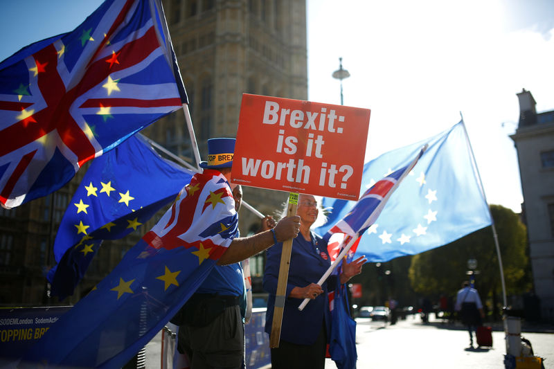 © Reuters. Anti-brexit protestors wave flags outside the Houses of Parliament in London