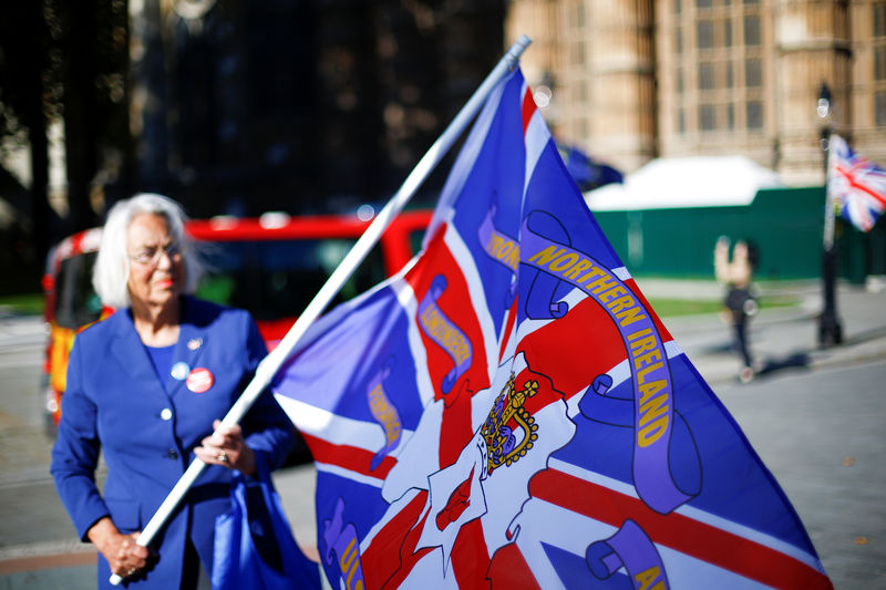 © Reuters. An anti-brexit protestor holds a flag naming the six counties of Northrn Ireland outside the Houses of Parliament in London