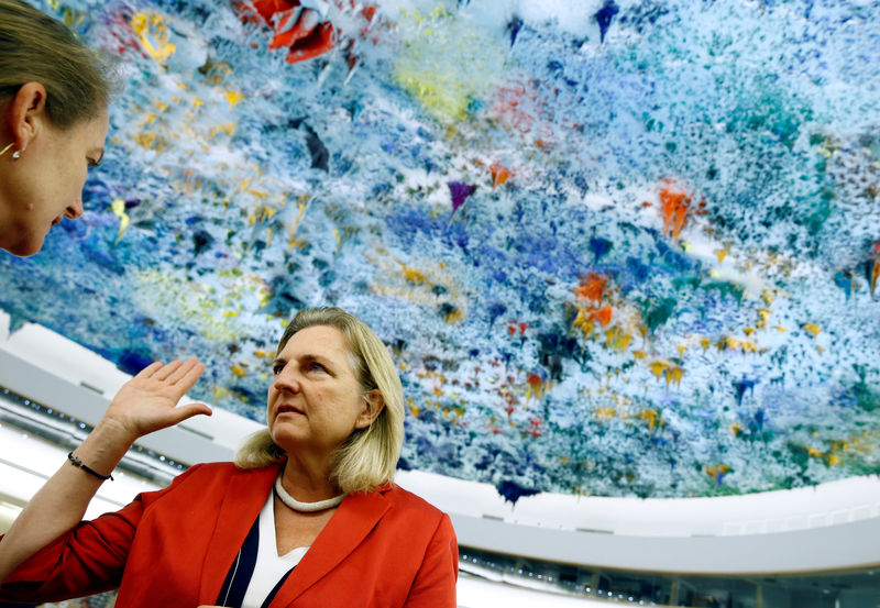 © Reuters. Austria's Foreign Minister Kneissl gestures after her address to the Human Rights Council at the United Nations in Geneva