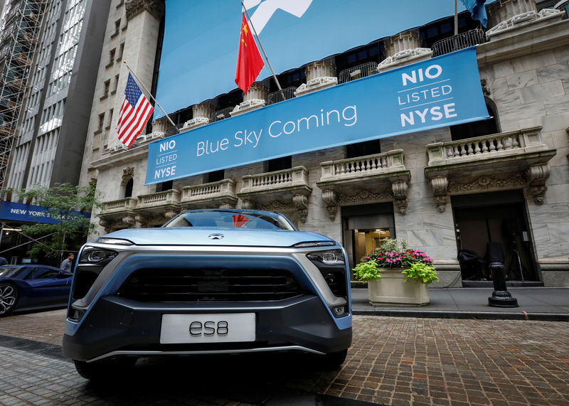 © Reuters. The NIO ES8, all-electric full-size sport utility vehicle is displayed in front of the NYSE to celebrate the company's initial public offering (IPO) in New York