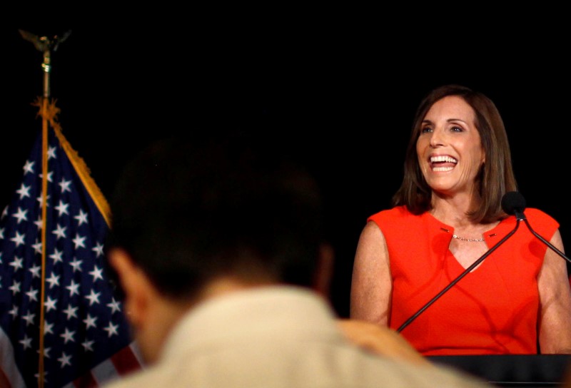© Reuters. McSally greets her supporters on election night after winning the Republican primary for the open U.S. Senate seat in Tempe