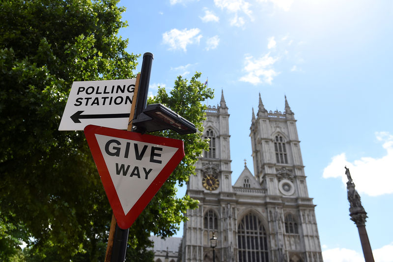 © Reuters. FILE PHOTO: A sign points towards a polling station in Westminster the day before a general election, in central London