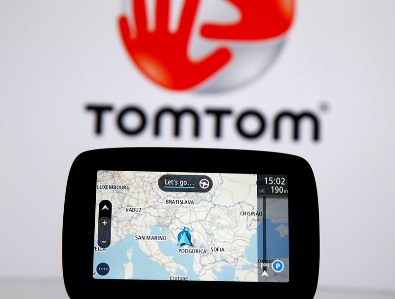 © Reuters. TomTom navigation are seen in front of TomTom displayed logo in this illustration taken