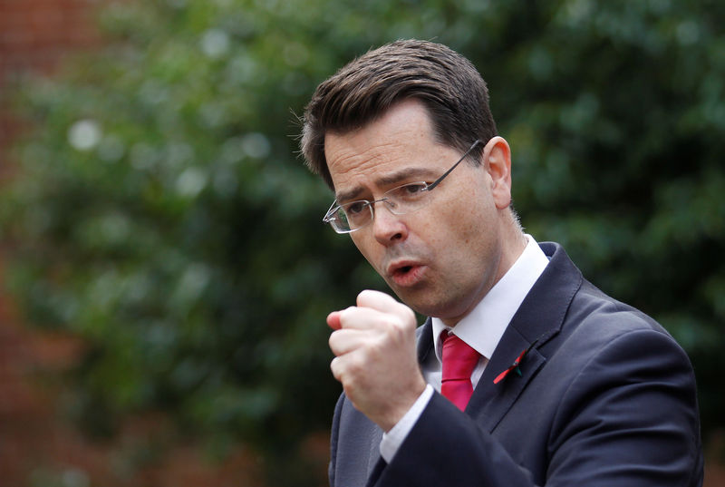 © Reuters. Britain's Northern Ireland Secretary of State James Brokenshire speaks to media outside Stormont House in Belfast