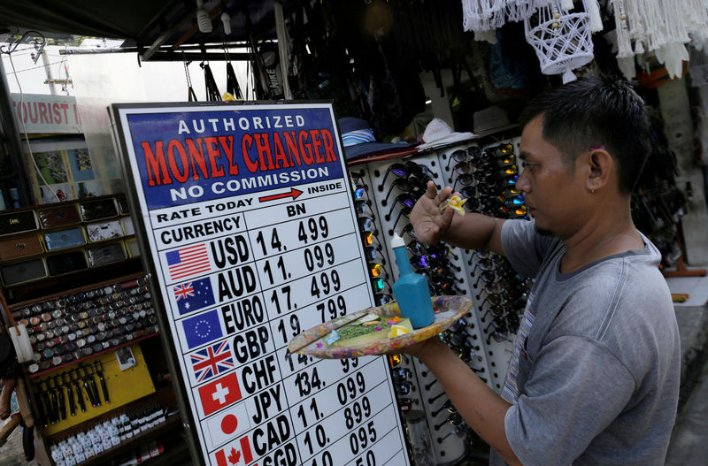 © Reuters. FILE PHOTO: A Balinese man makes a Hindu offering outside a shop which offers currency exchange service in Kuta, on the resort island of Bali