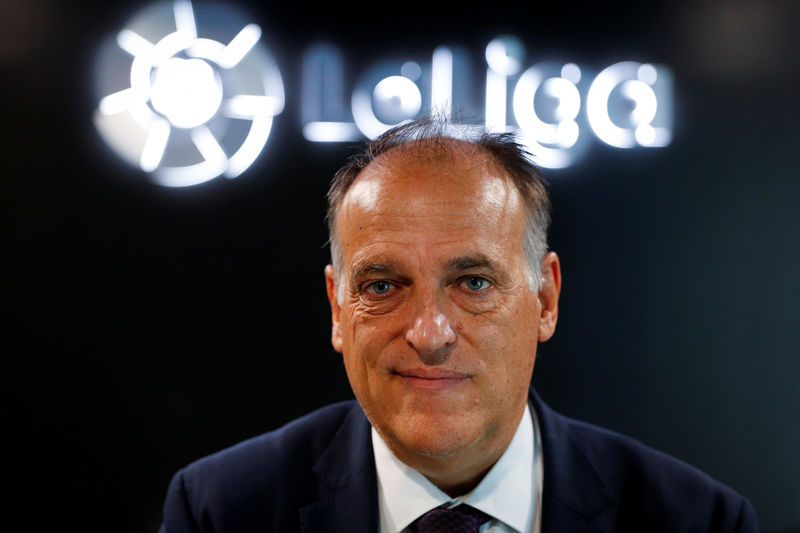 © Reuters. La Liga President Javier Tebas poses during an interview with Reuters at the La Liga headquarters in Madrid